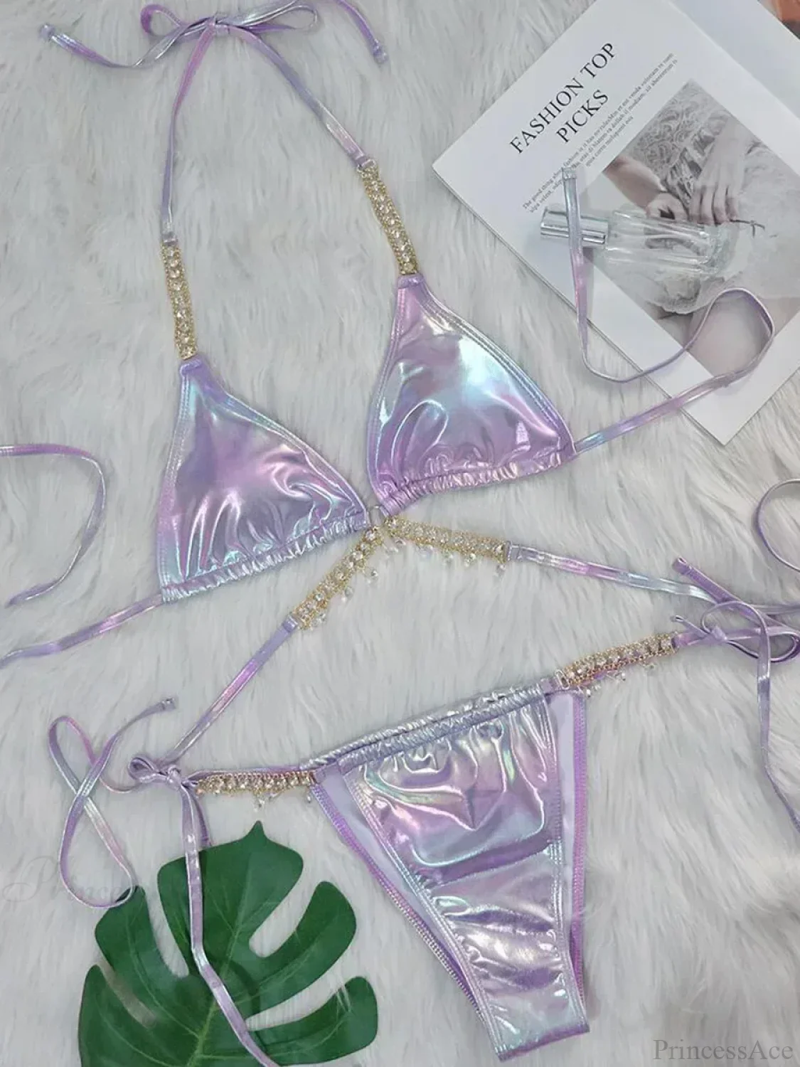 Shiny PU Leather Wrap Around Diamond Bikini Set - Image 3
