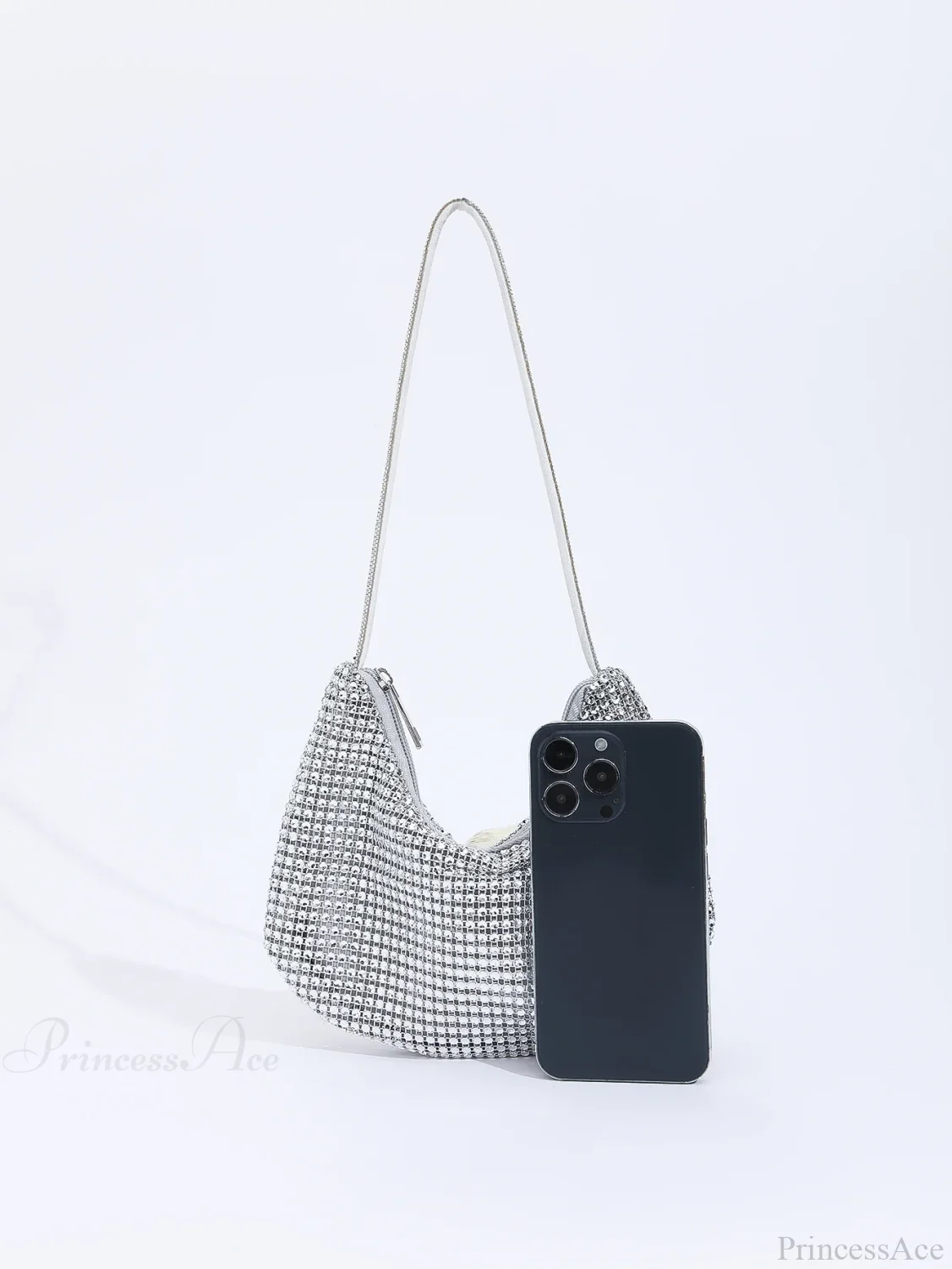 Shiny Rhinestone Zippered Solid Evening Clutch Bag - Image 3