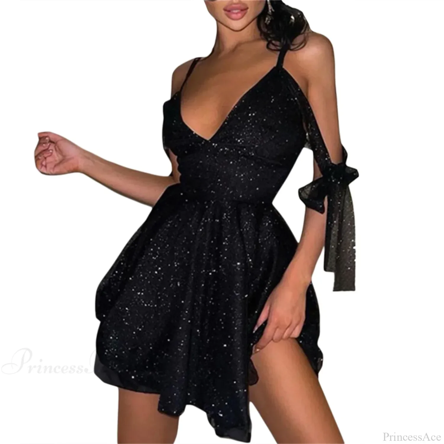 Shiny Slim Black V-Neck Party Dress - Image 6