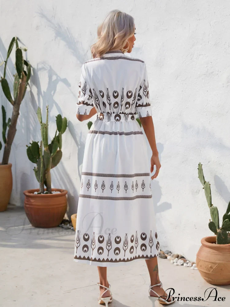 Shirred-waist Patterned Full-Length Crepe Gown for Three-quarter-sleeve Women - Image 12