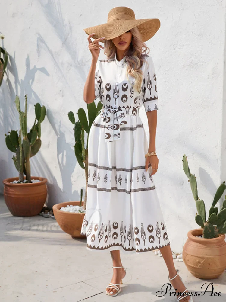 Shirred-waist Patterned Full-Length Crepe Gown for Three-quarter-sleeve Women - Image 13