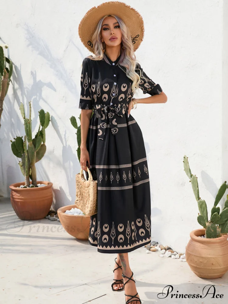 Shirred-waist Patterned Full-Length Crepe Gown for Three-quarter-sleeve Women - Image 2
