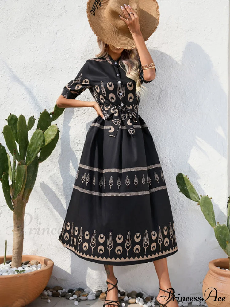 Shirred-waist Patterned Full-Length Crepe Gown for Three-quarter-sleeve Women - Image 4