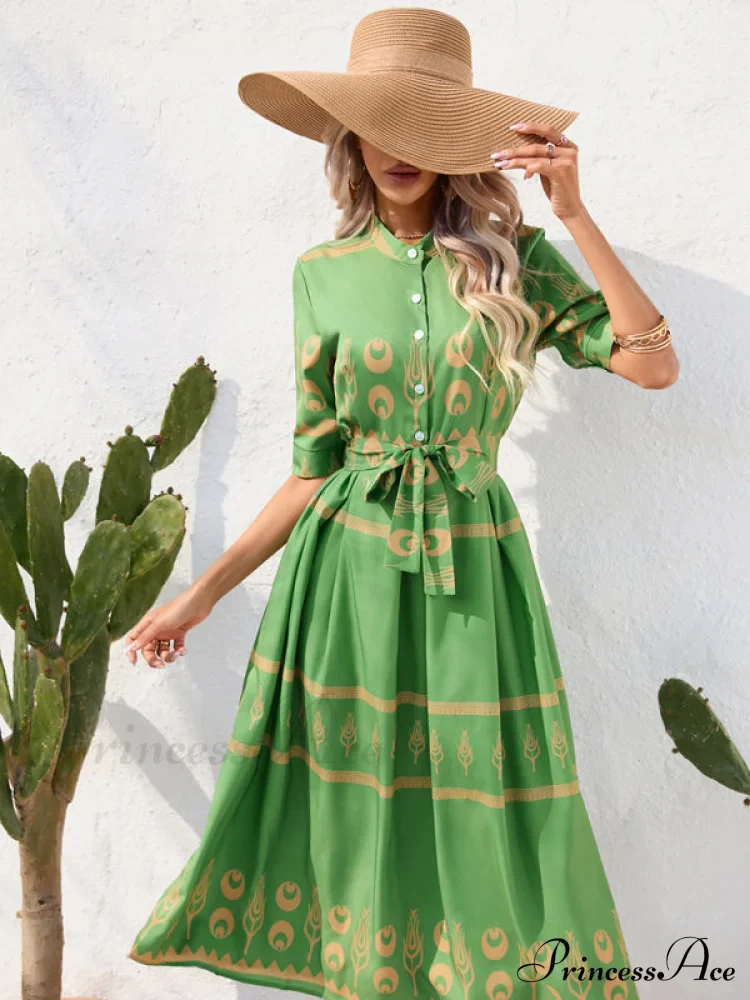 Shirred-waist Patterned Full-Length Crepe Gown for Three-quarter-sleeve Women - Image 7