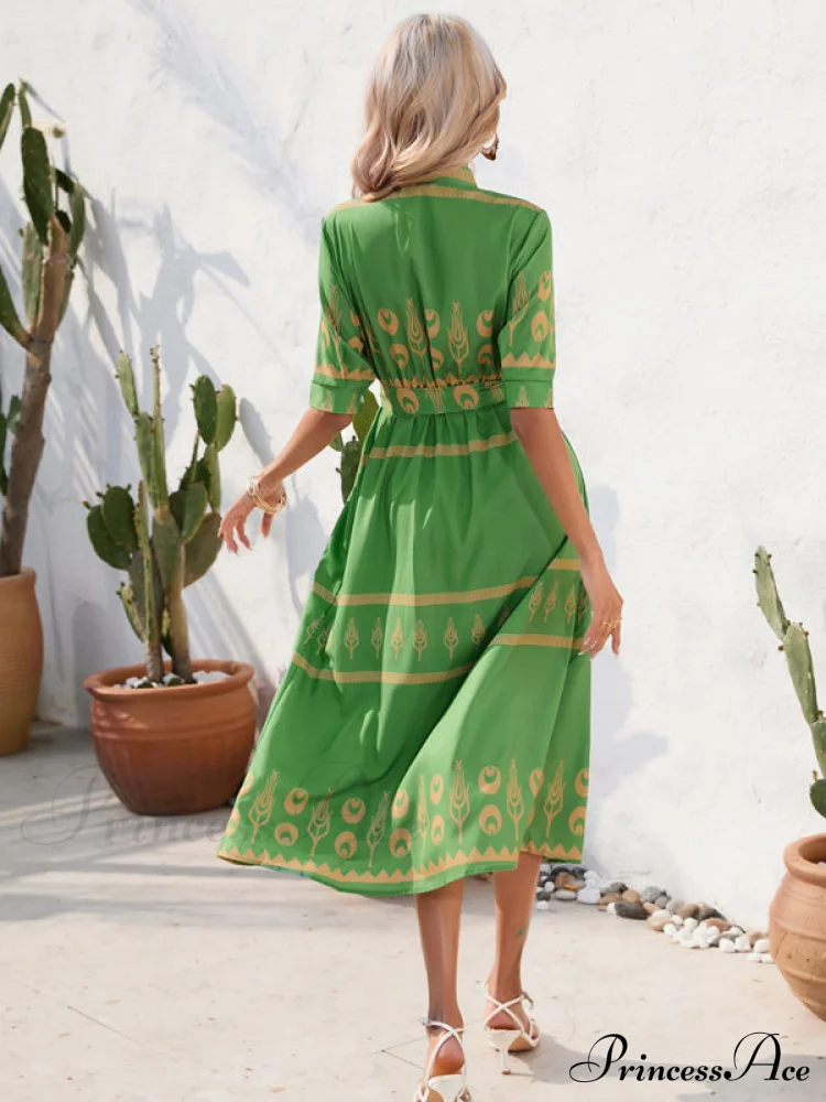 Shirred-waist Patterned Full-Length Crepe Gown for Three-quarter-sleeve Women - Image 9