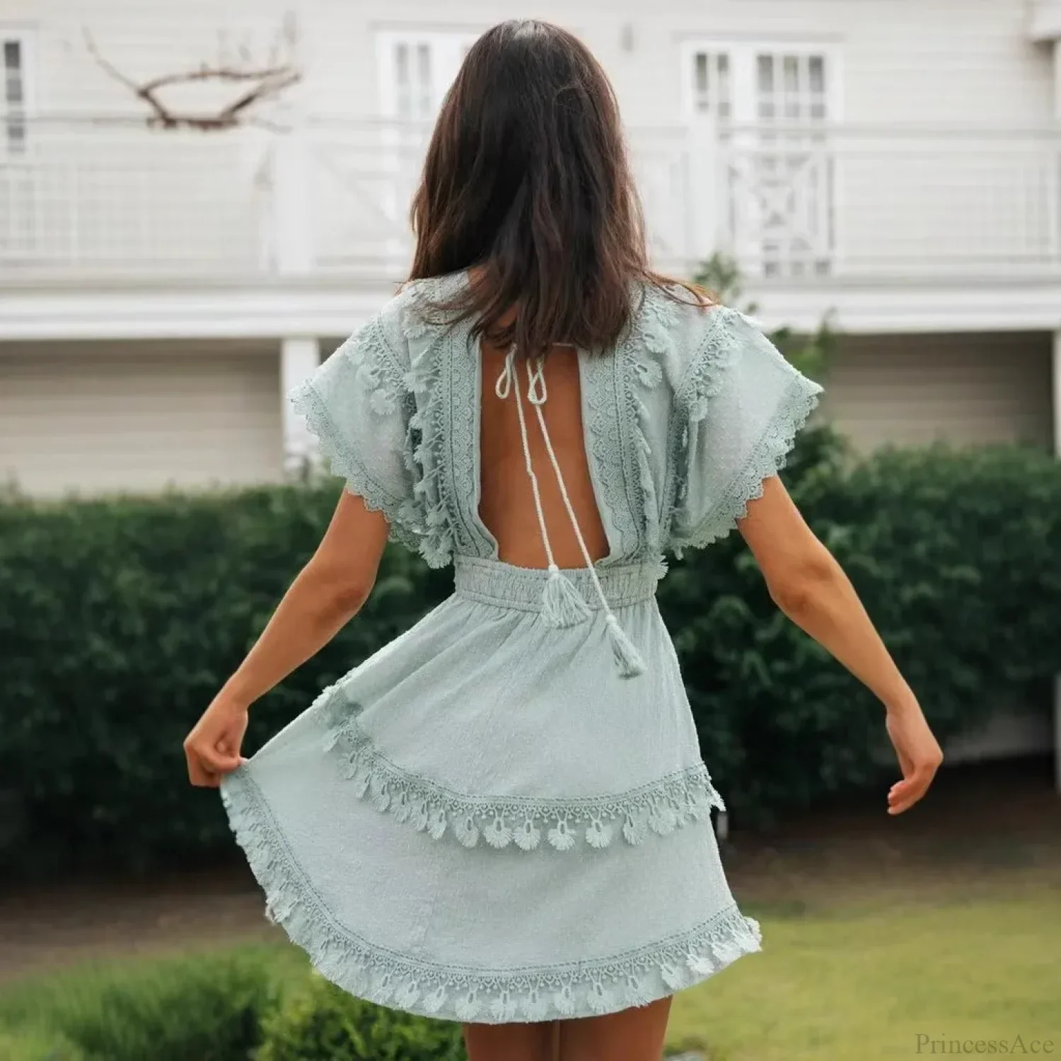 Short Batwing Sleeve Lace Backless Deep V-neck Mini Boho Dress - Image 2