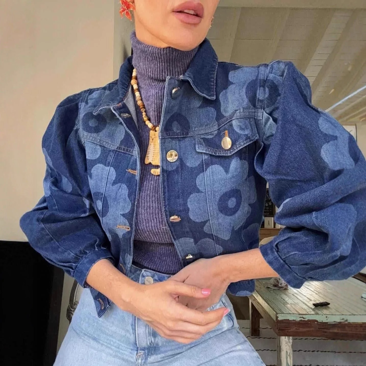 Short Collar Floral Denim Jacket