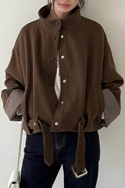Short Cuffed Check Pieced Stand Collar Wool Coat - Image 5