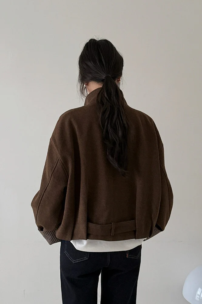 Short Cuffed Check Pieced Stand Collar Wool Coat - Image 8