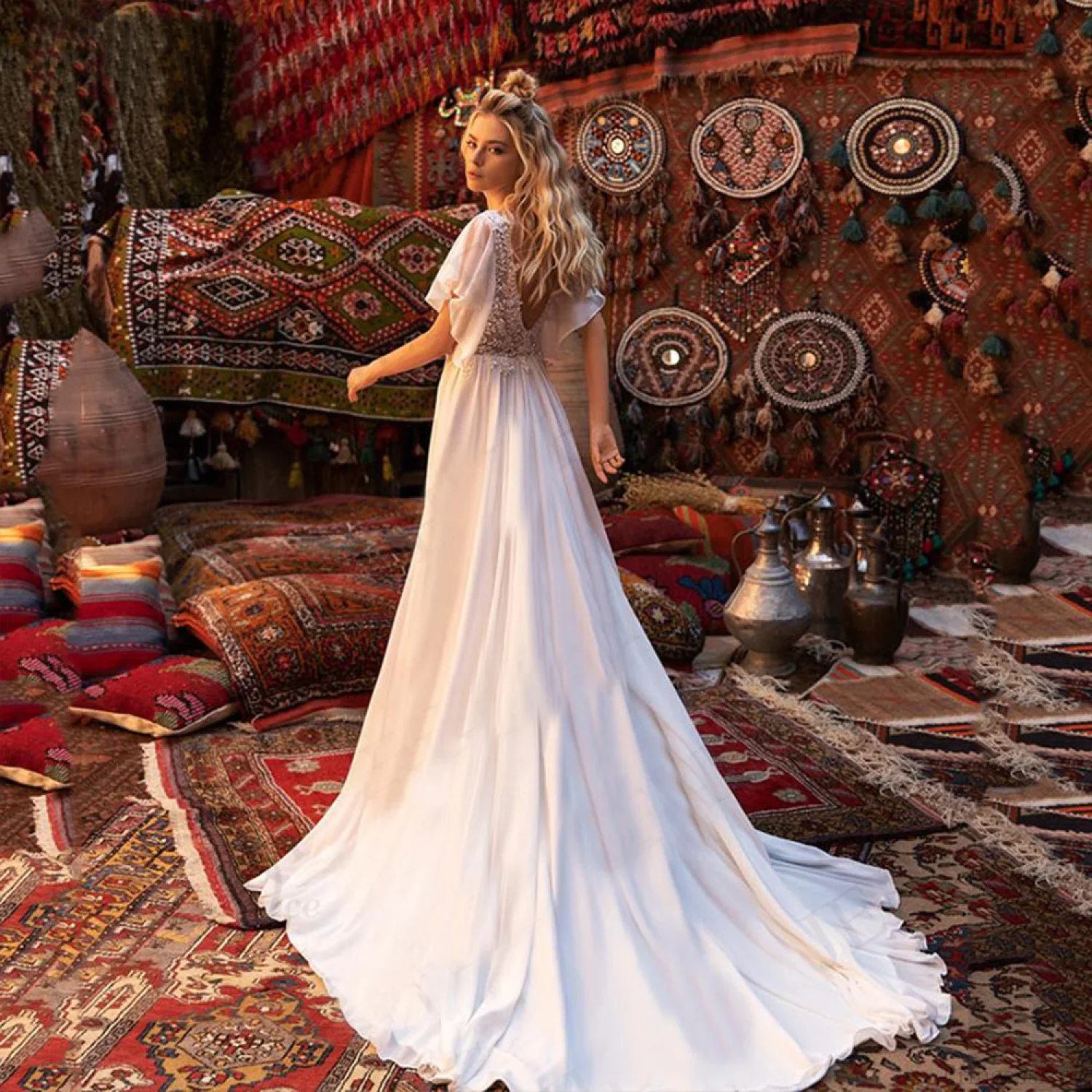 Short Sleeve Deep V-Neck Sheer Wedding Dress - Image 2