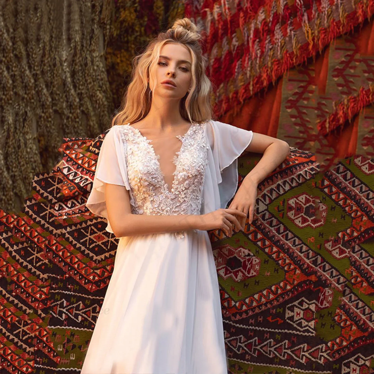 Short Sleeve Deep V-Neck Sheer Wedding Dress - Image 3