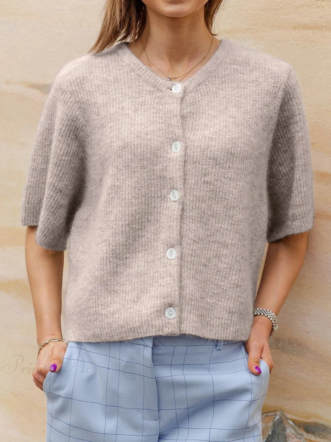 Short Sleeve Round Neck Button-Down Cardigan - Image 10