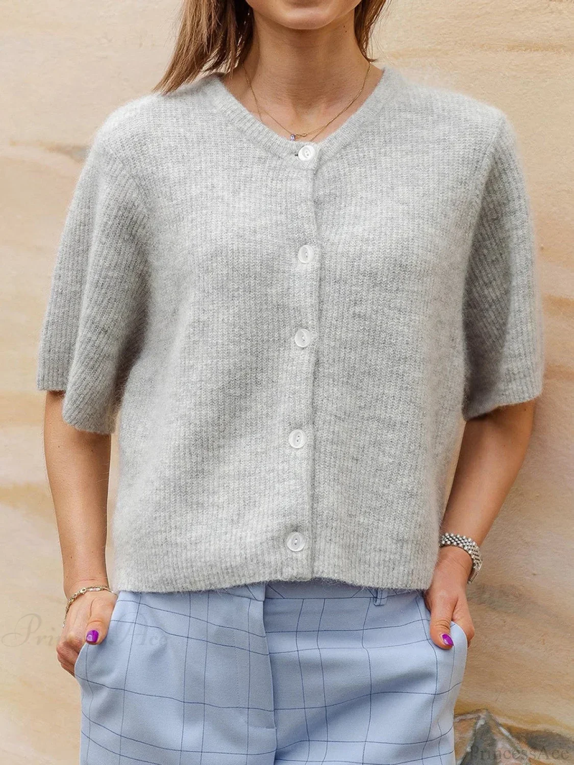 Short Sleeve Round Neck Button-Down Cardigan - Image 7