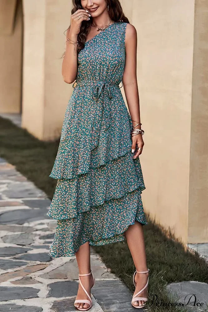 Shoulder One with Trim Gown Green Ruffle Print - Image 3