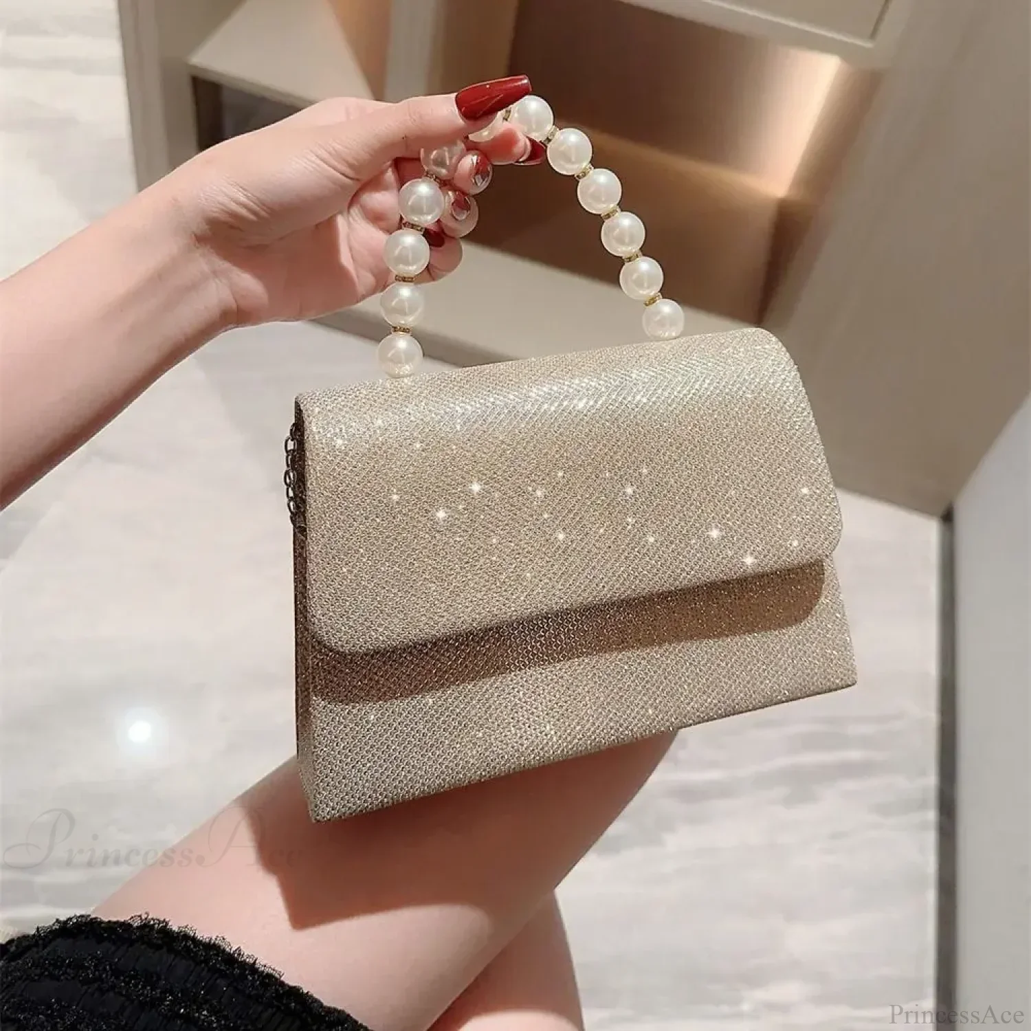 Silk Evening Clutch Gold Pearl Chain Bag - Image 2