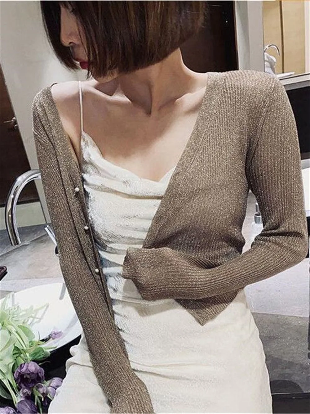 Silk Pearl Button V-neck Cardigan - Image 2