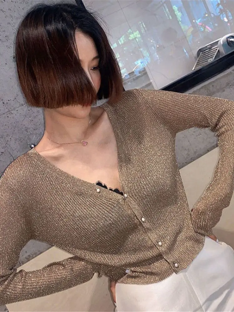 Silk Pearl Button V-neck Cardigan - Image 3
