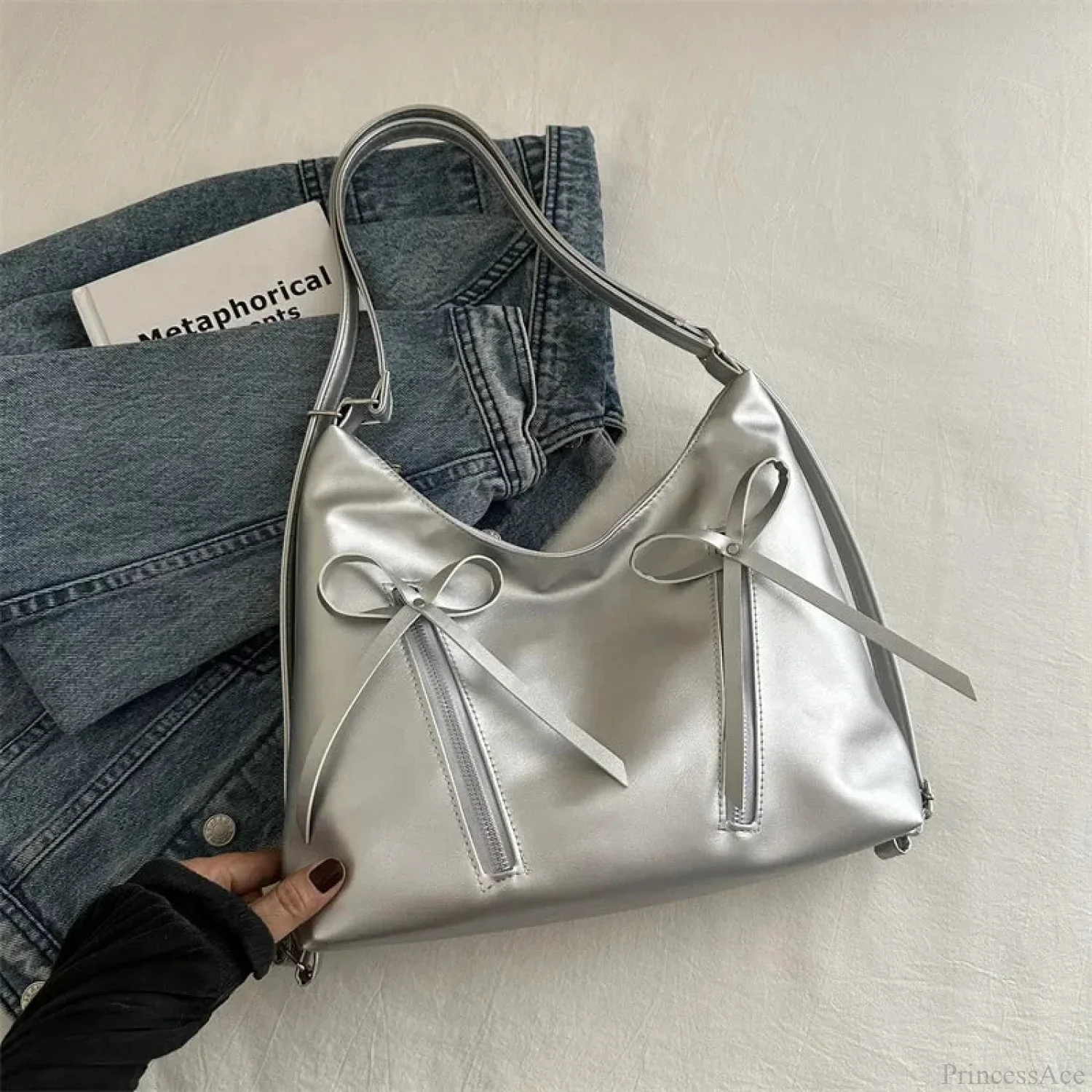 Silver Bow PU Leather Shoulder Bag - Image 10