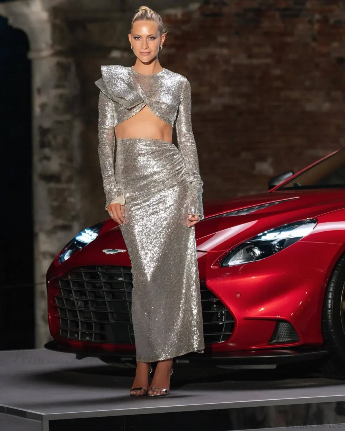 Silver Rhinestone Mesh Slit Prom Dress - Image 2