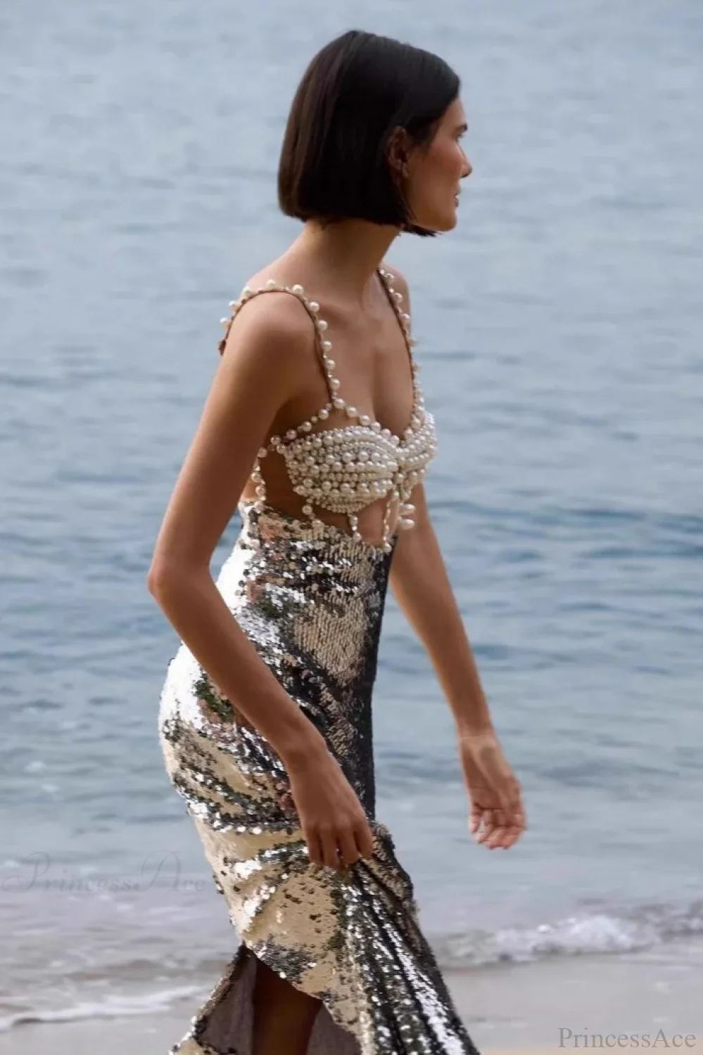 Silver Sequin Sexy Halter Backless Evening Dress - Image 2