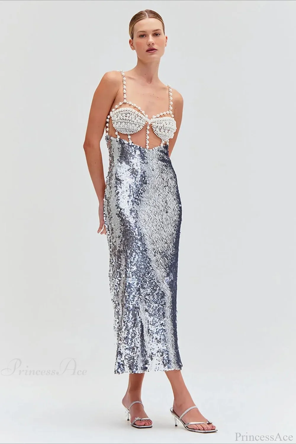 Silver Sequin Sexy Halter Backless Evening Dress - Image 5
