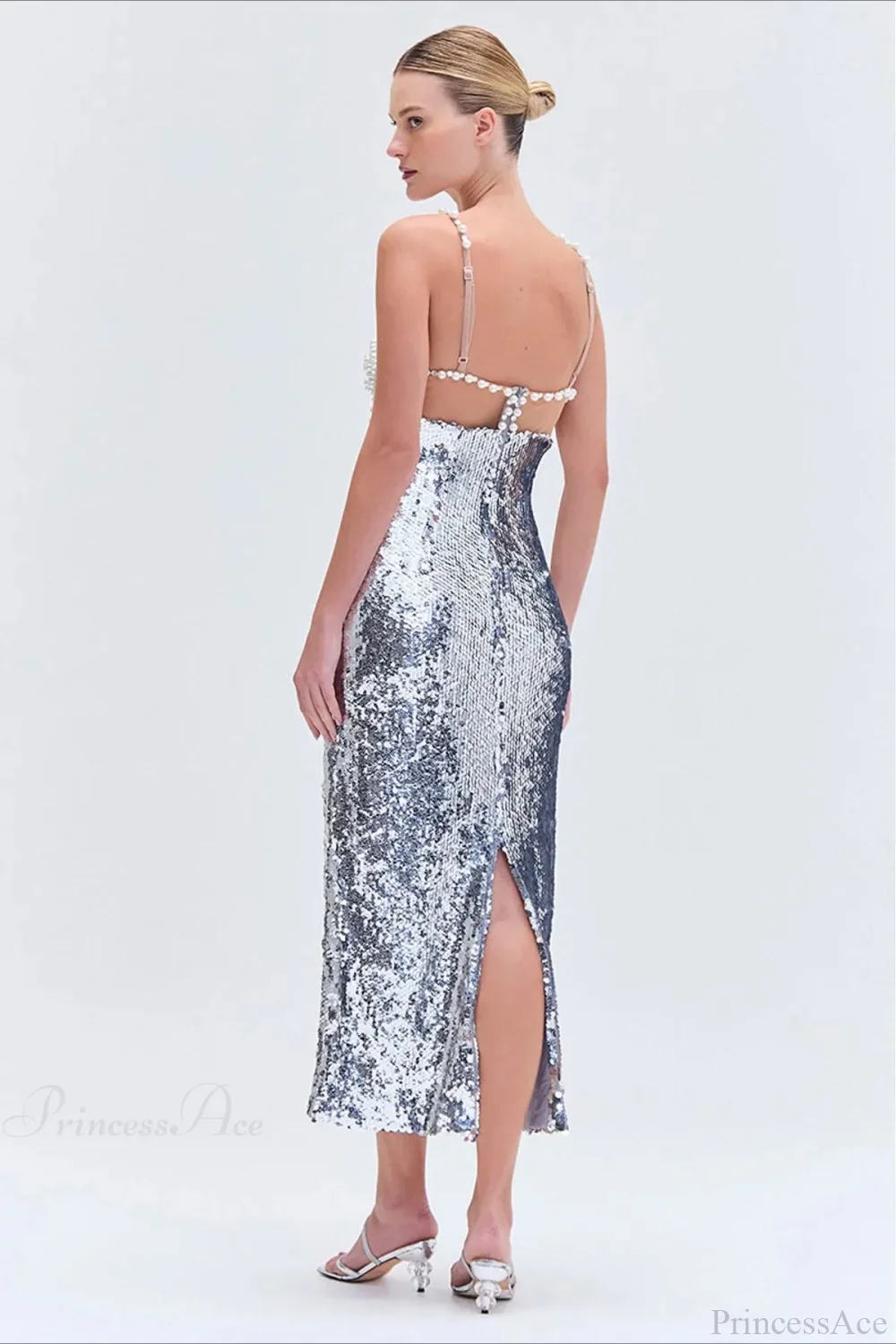 Silver Sequin Sexy Halter Backless Evening Dress - Image 6