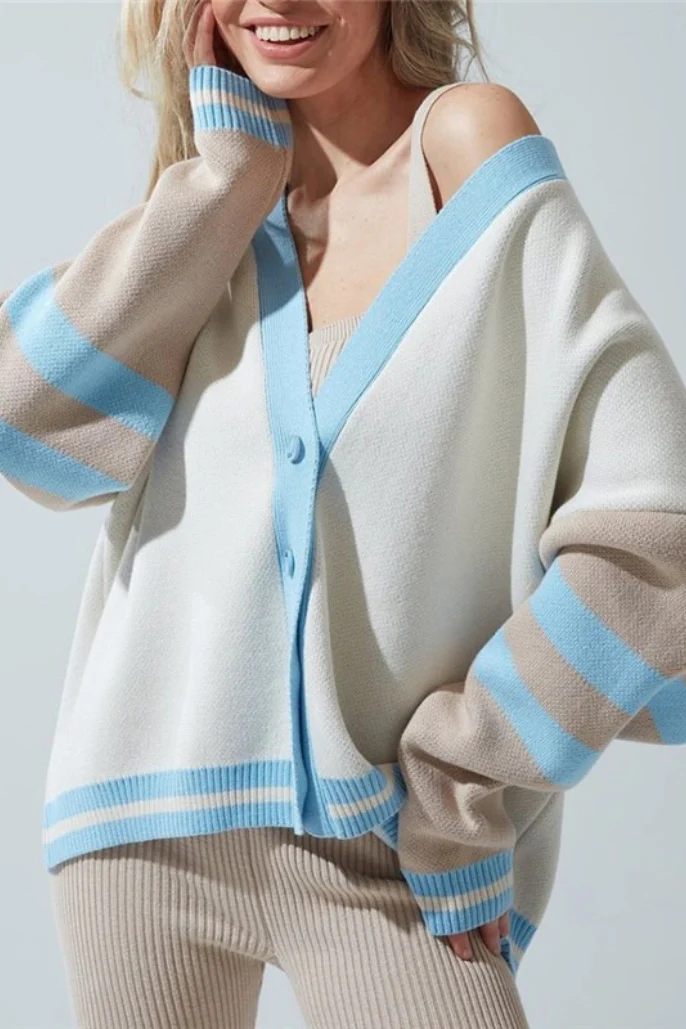 Simple Color Block Striped Relaxed Knit Cardigan - Image 10