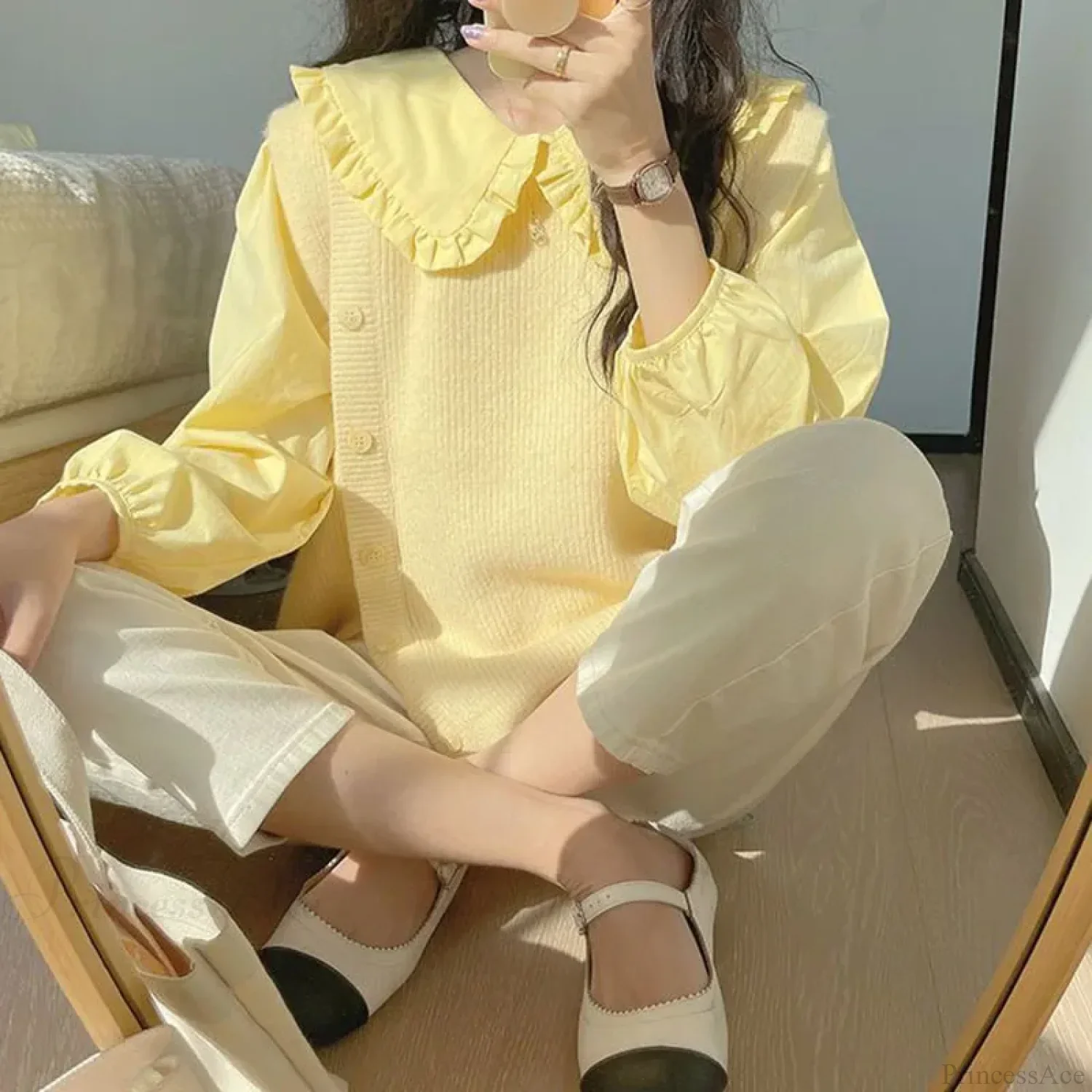 Simple Ruffles Single Breasted White Blouse - Image 2