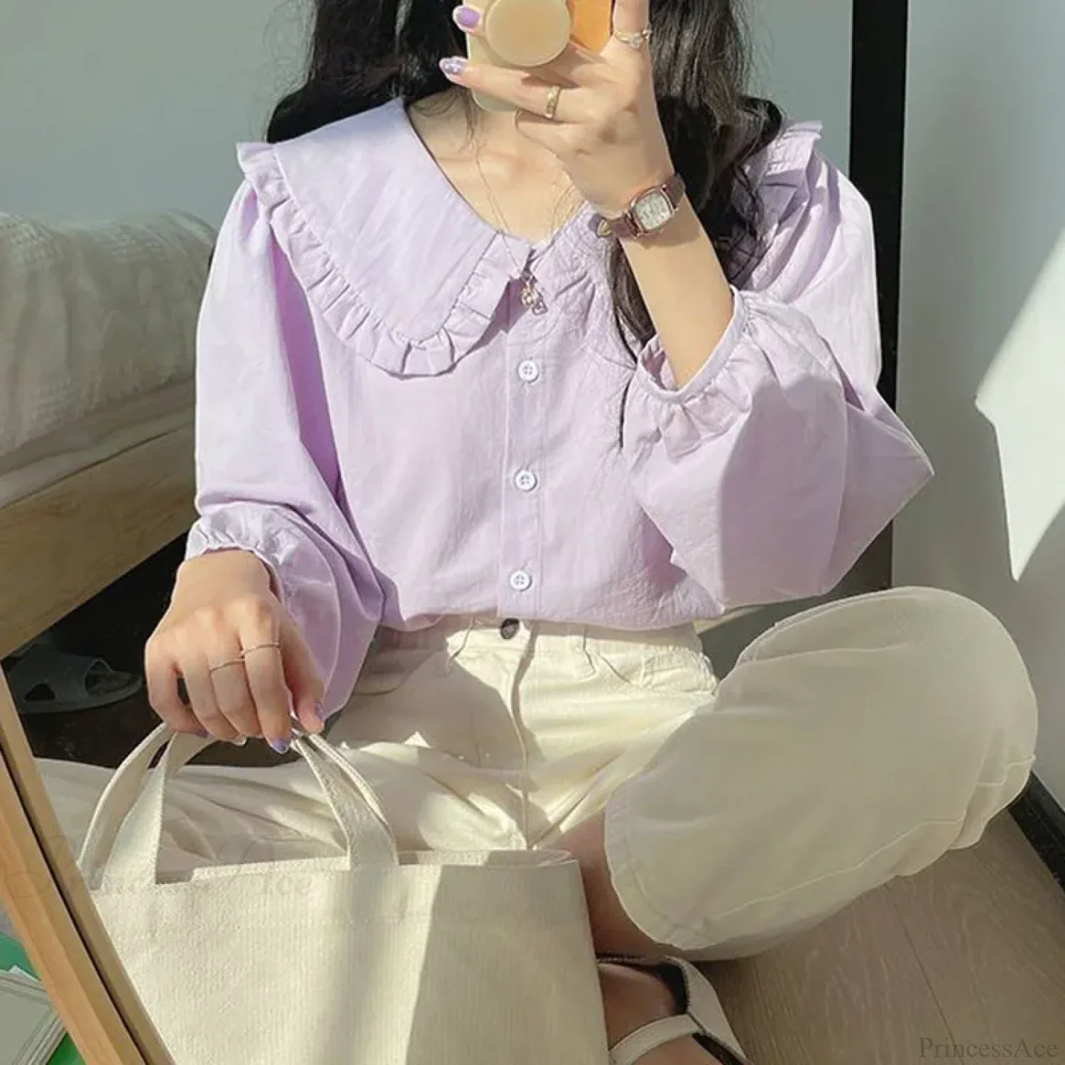 Simple Ruffles Single Breasted White Blouse - Image 3
