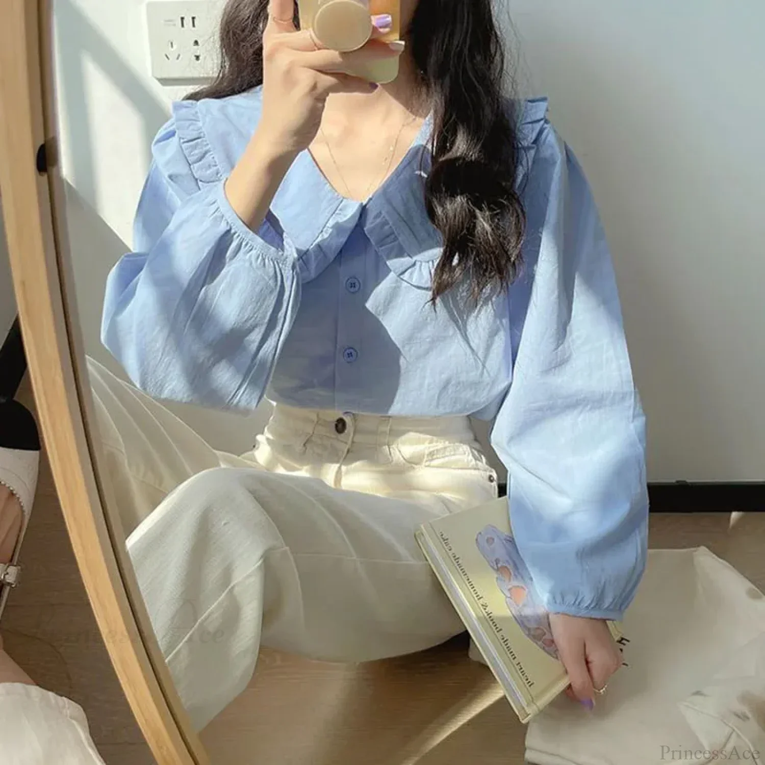 Simple Ruffles Single Breasted White Blouse - Image 4