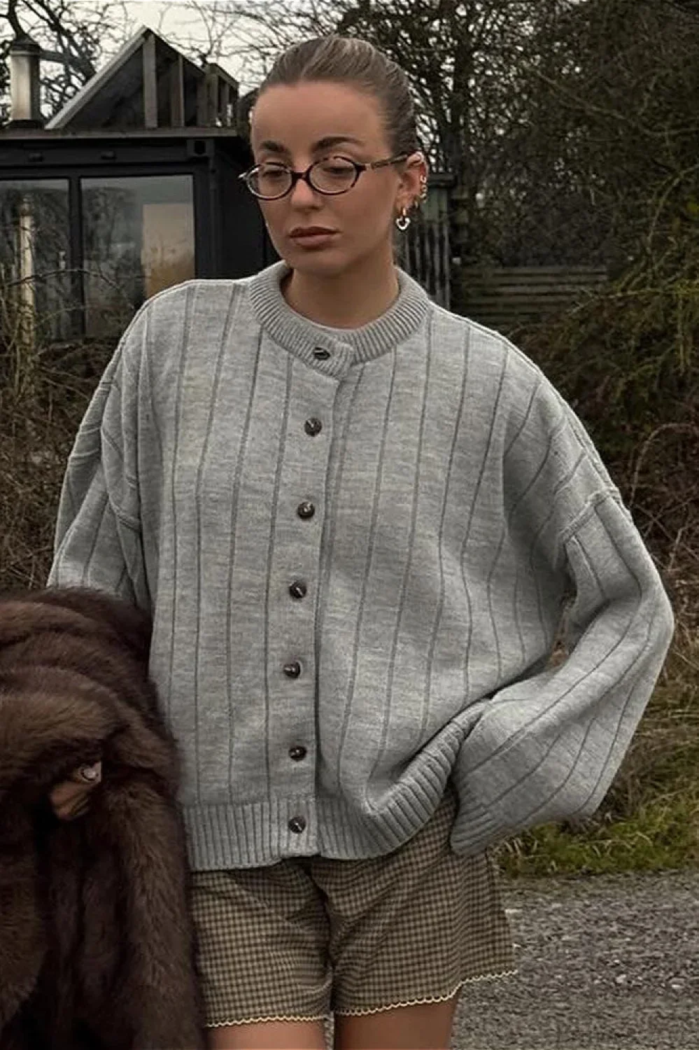 Simple Solid Rib Crewneck Oversized Cardigan Sweater