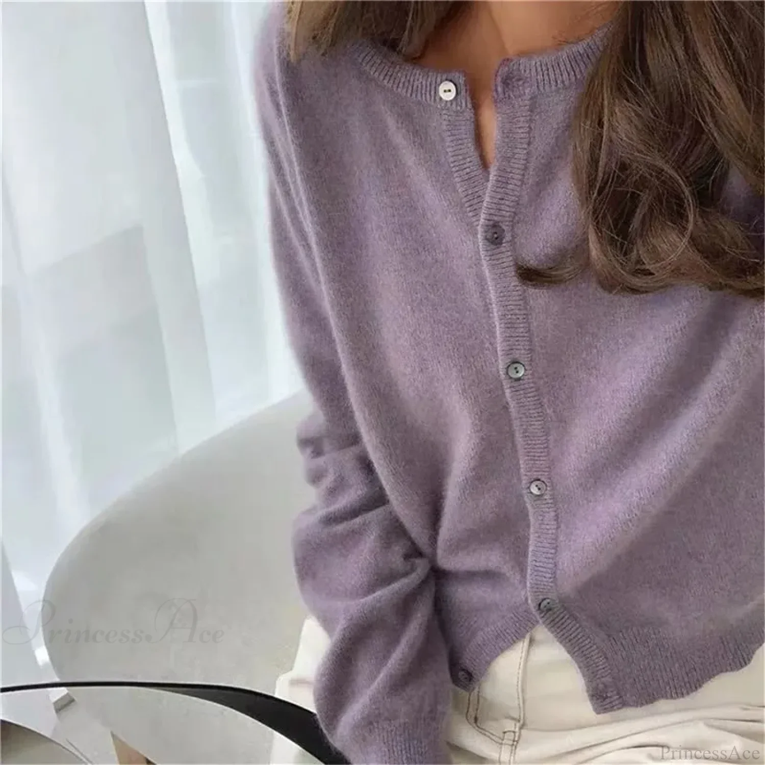 Single Breasted Solid Round Neck Knitted Cardigan - Image 10
