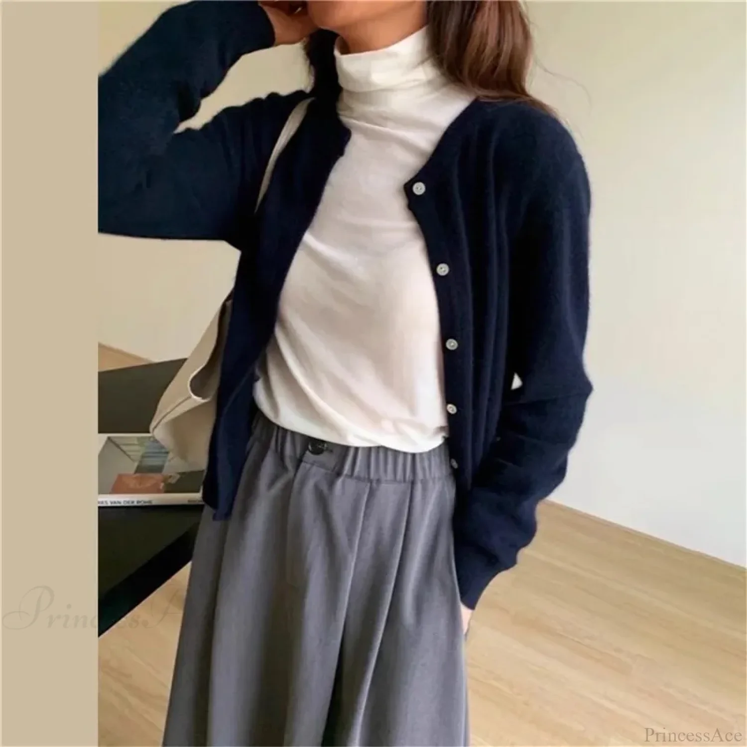 Single Breasted Solid Round Neck Knitted Cardigan - Image 15