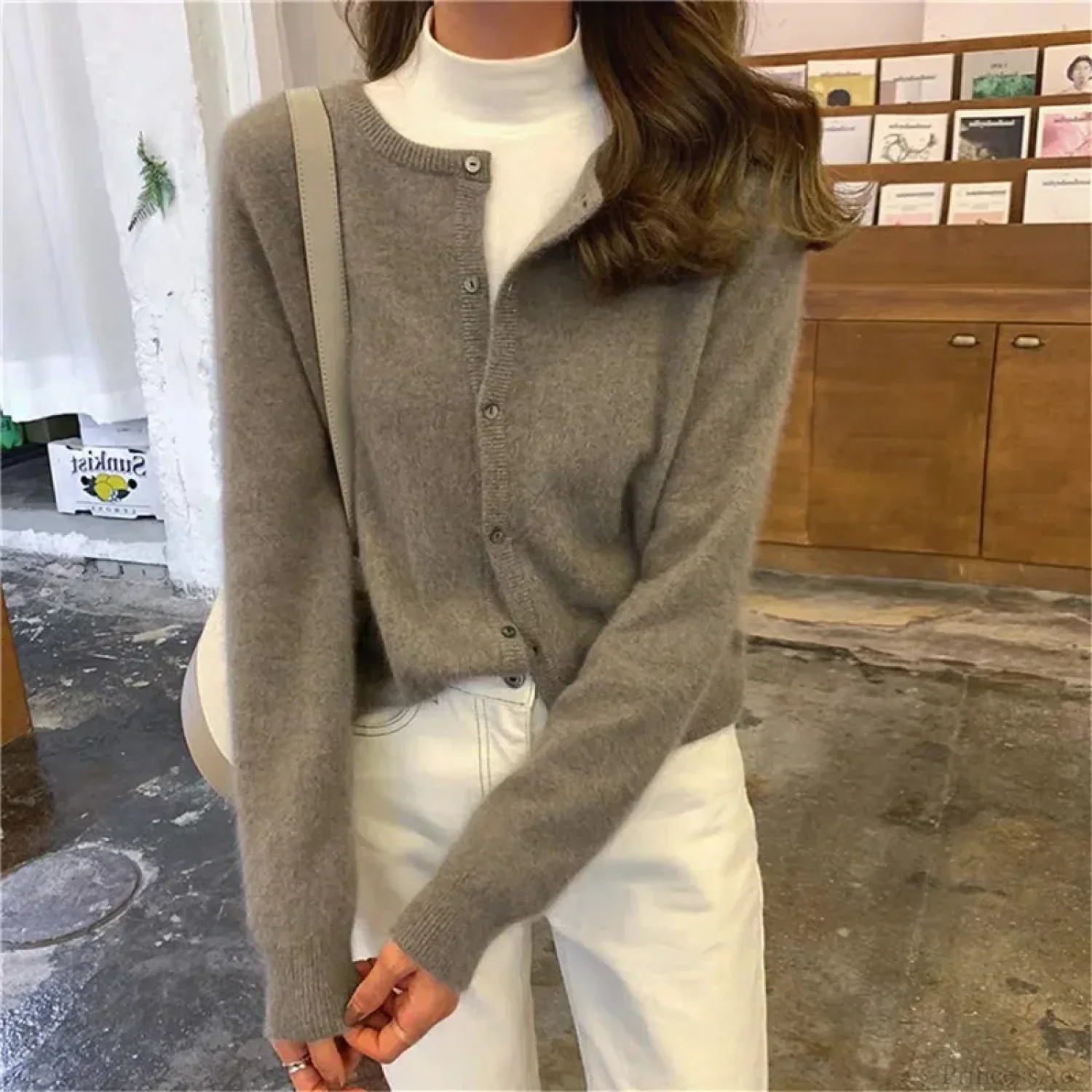 Single Breasted Solid Round Neck Knitted Cardigan - Image 2