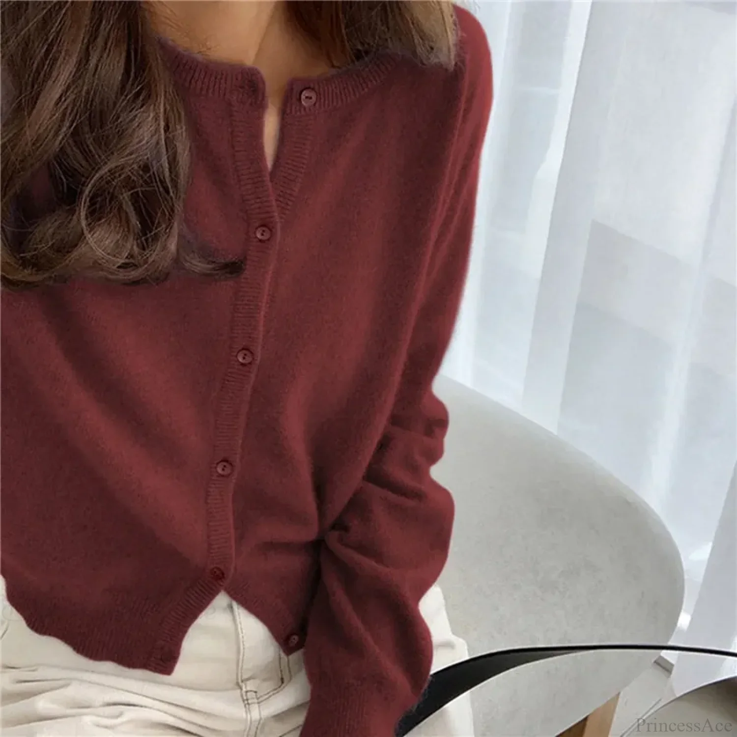 Single Breasted Solid Round Neck Knitted Cardigan - Image 5