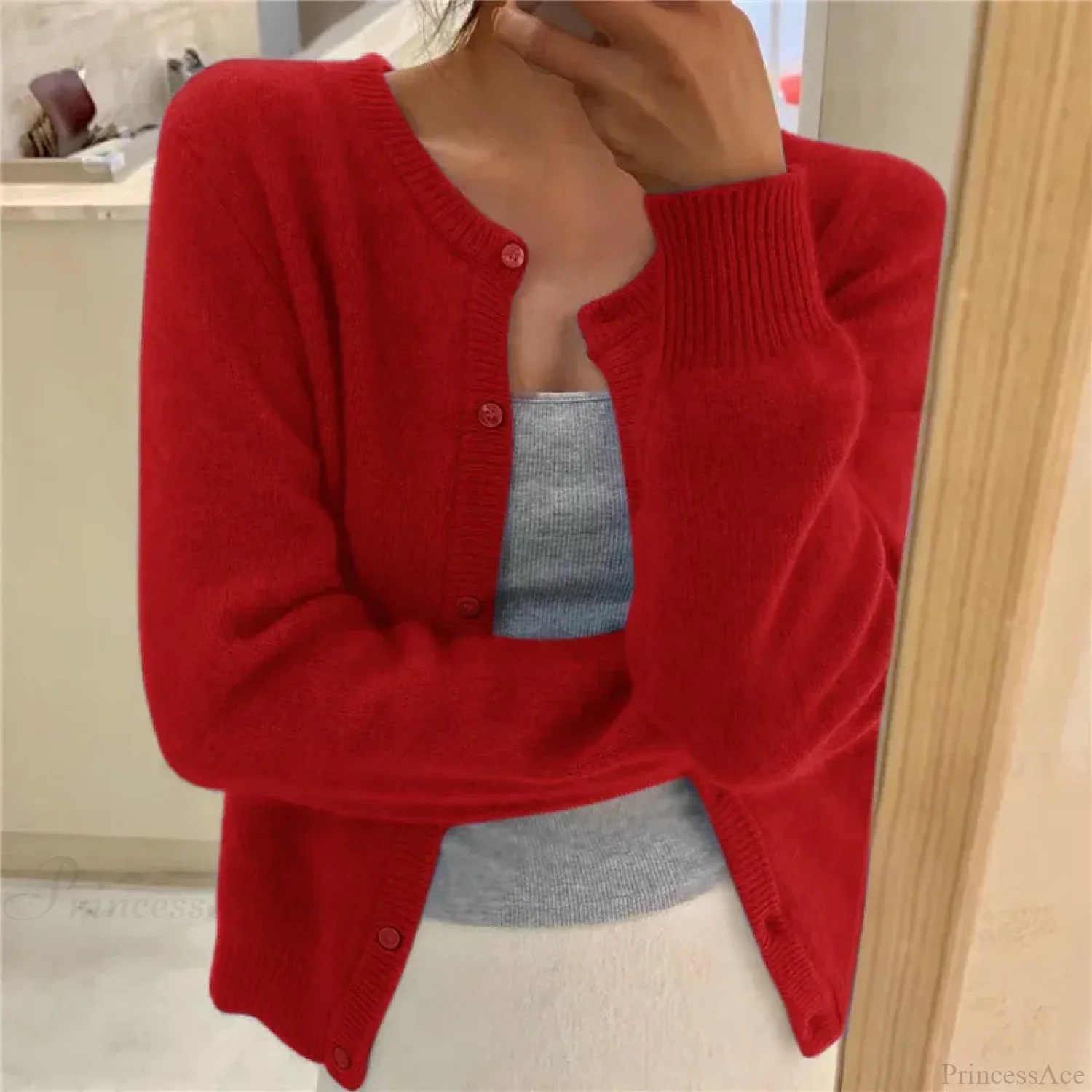 Single Breasted Solid Round Neck Knitted Cardigan - Image 6