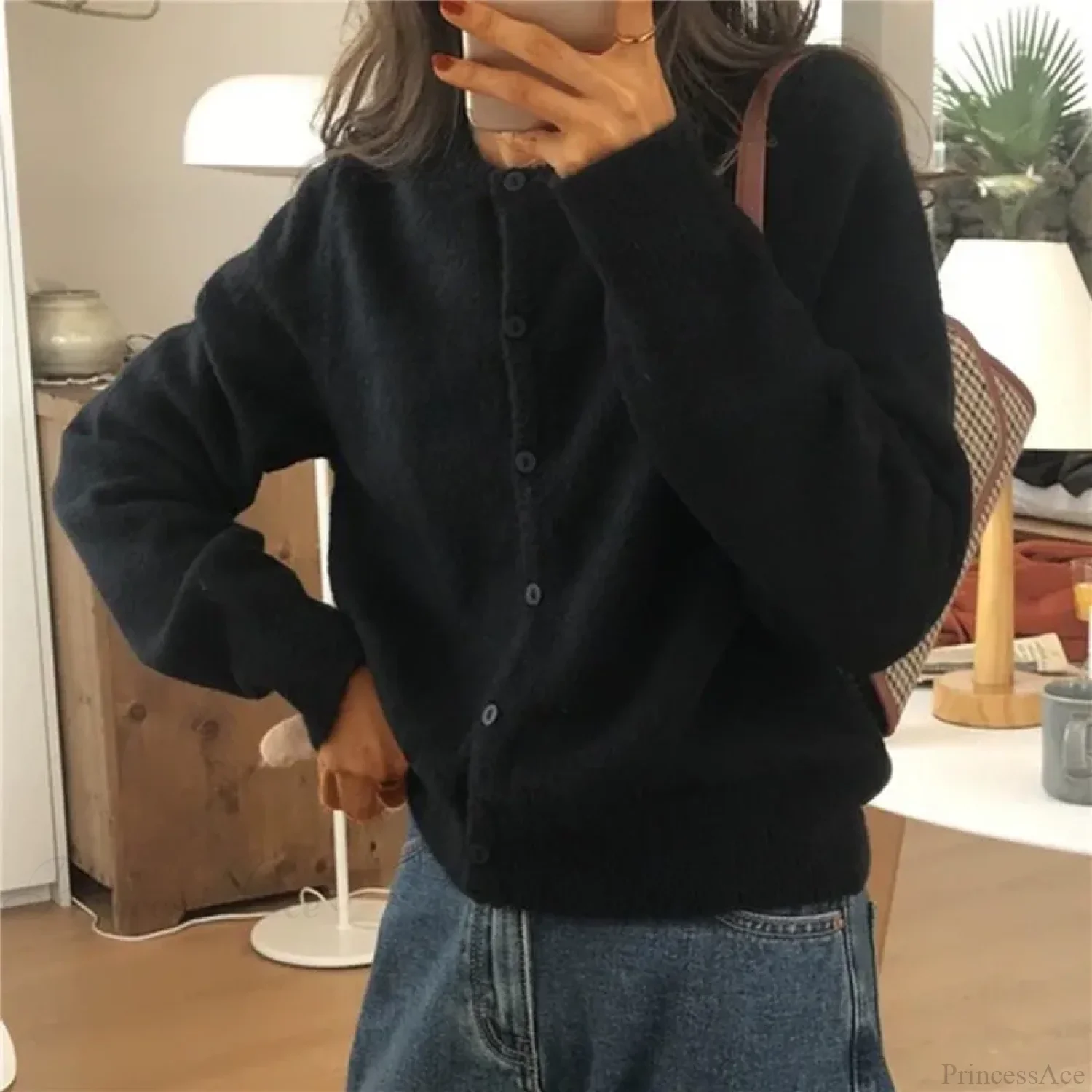 Single Breasted Solid Round Neck Knitted Cardigan - Image 7