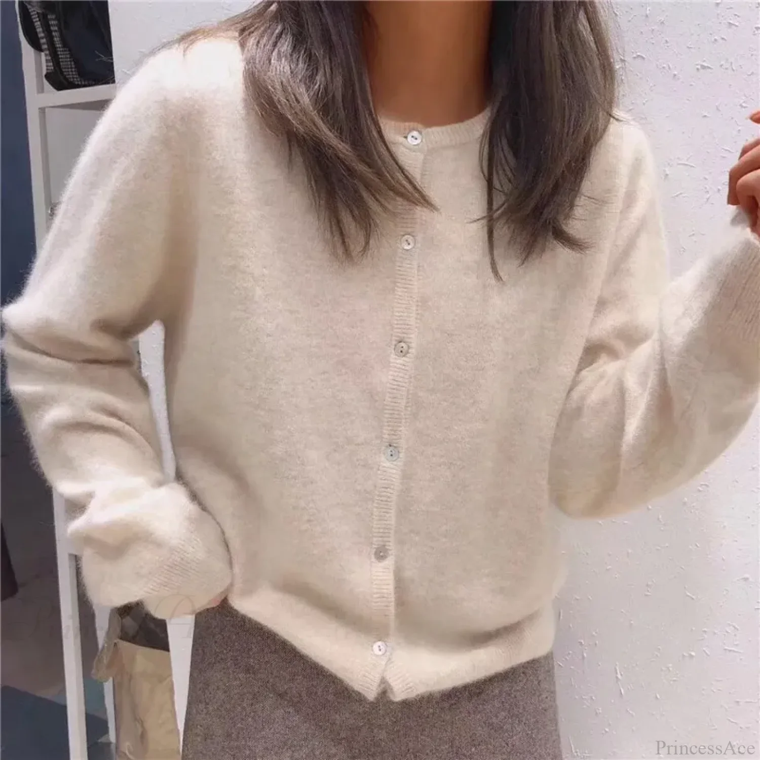 Single Breasted Solid Round Neck Knitted Cardigan - Image 8