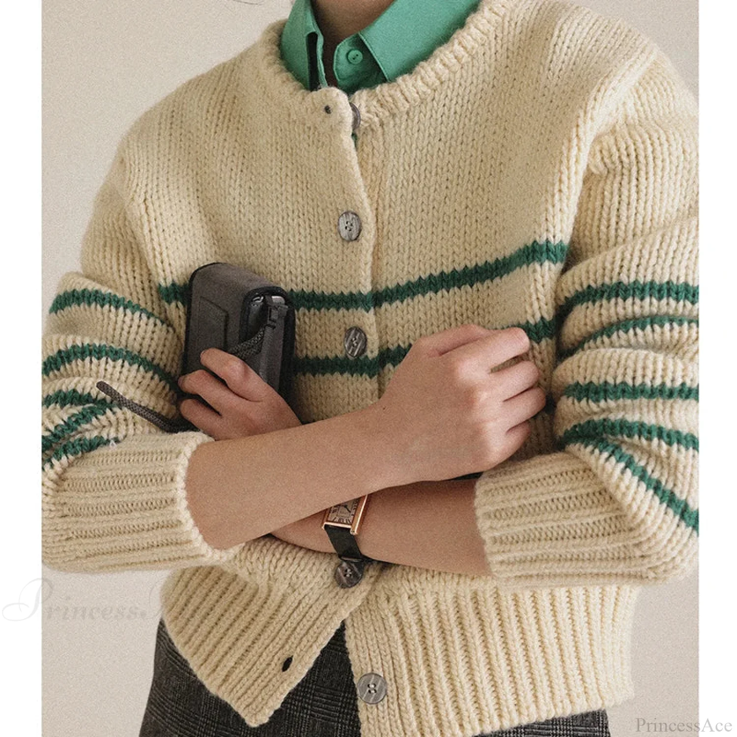 Single-breasted Striped Knit Cardigan - Image 2