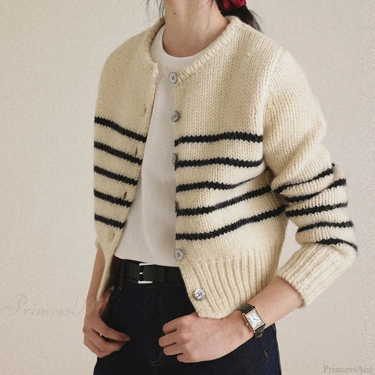 Single-breasted Striped Knit Cardigan - Image 8