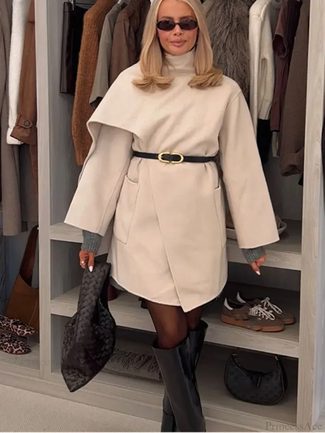 Single Buckle Woolen Irregular Coat - Image 2