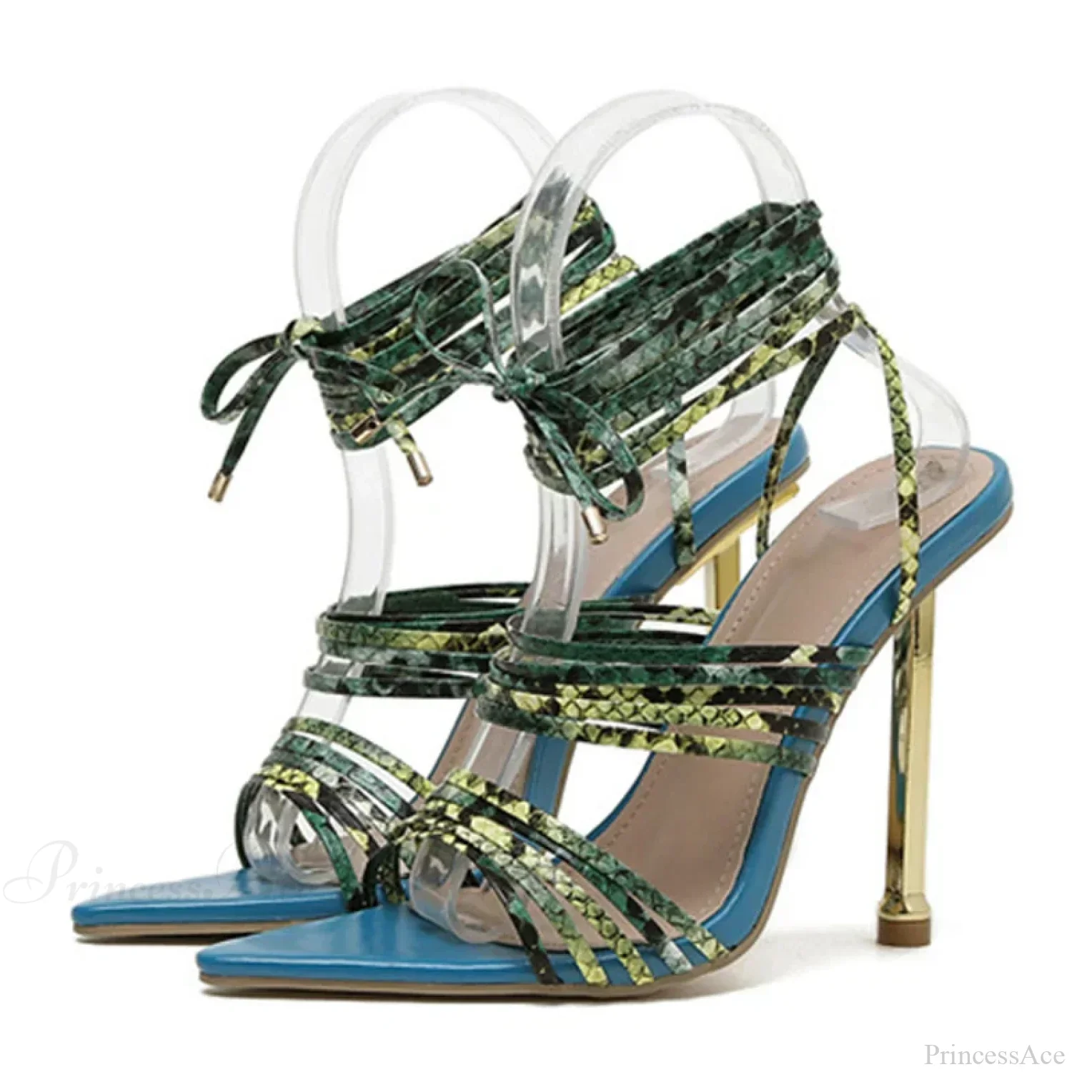 Size-35-42 Red Blue Thin High-Heels Sandals Pointed-Toe Snake-Print Lace-Up Summer Women Pumps High Heel - Image 4
