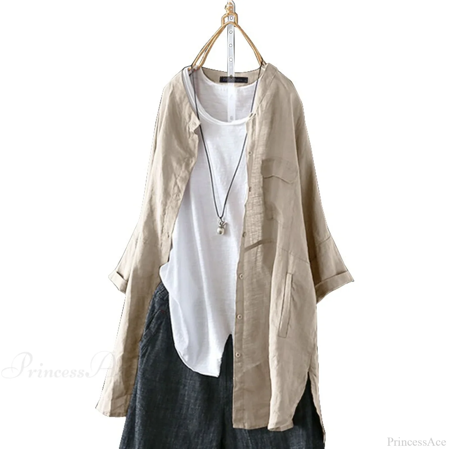 Size Long Arm Vintage Casual Cardigans Women's Tunic Plus Cotton Button Blouse Tops - Image 8