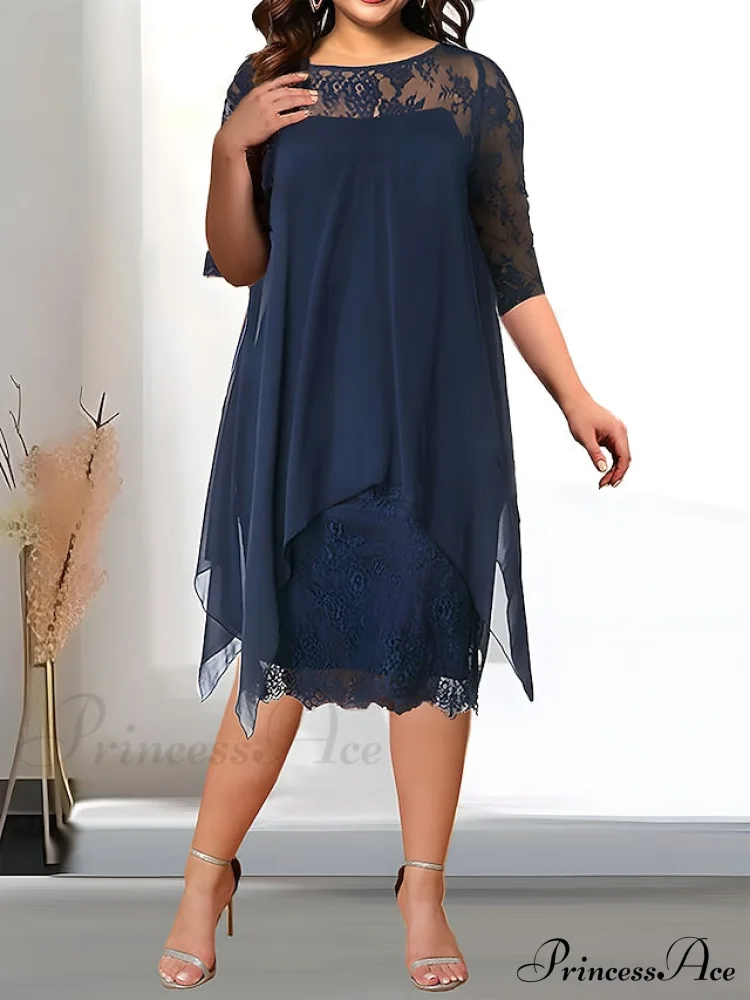 Size Plus 3/4 Neck Length with and Gown Women's Lace Crew Party Sleeves
