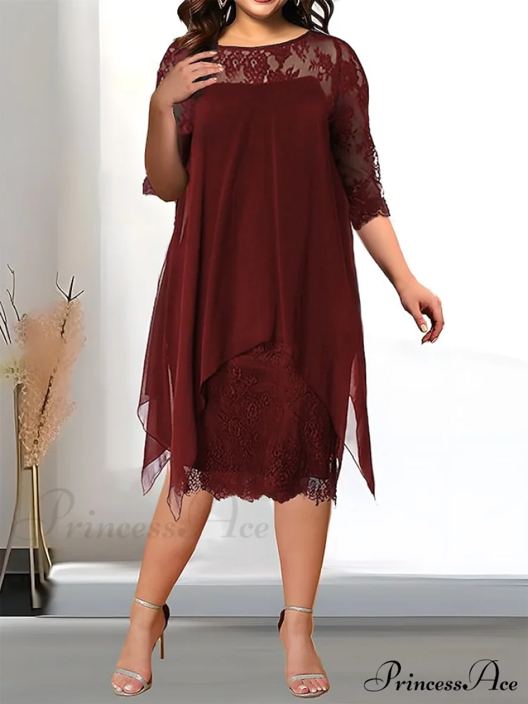 Size Plus 3/4 Neck Length with and Gown Women's Lace Crew Party Sleeves - Image 3