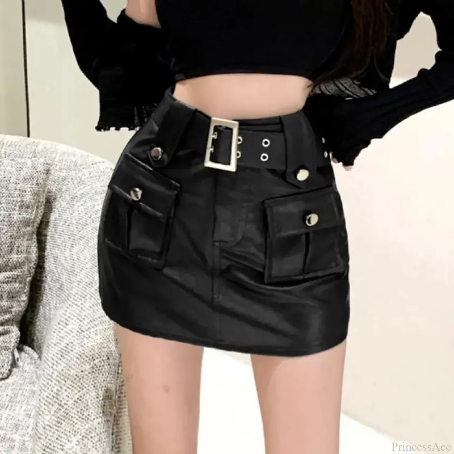 Skinny Pocket Wrap PU Skirt - Image 2
