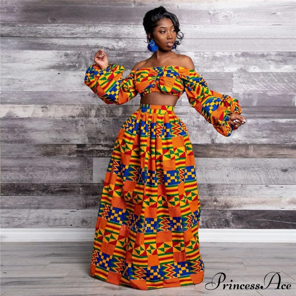 Skirt Top Vintage Africa and Elegant Women High Slit Piece Slash-neck with featuring Blouse Gown Sleeveless National Set Two Print