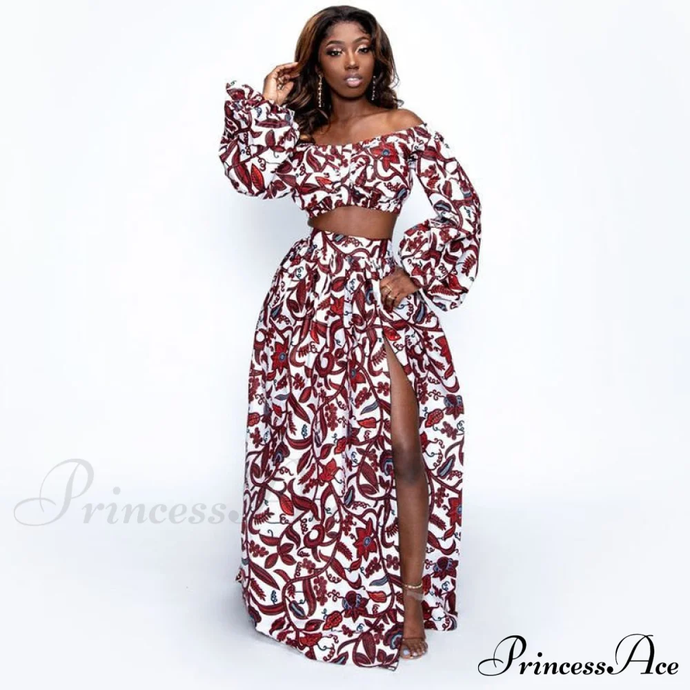 Skirt Top Vintage Africa and Elegant Women High Slit Piece Slash-neck with featuring Blouse Gown Sleeveless National Set Two Print - Image 10