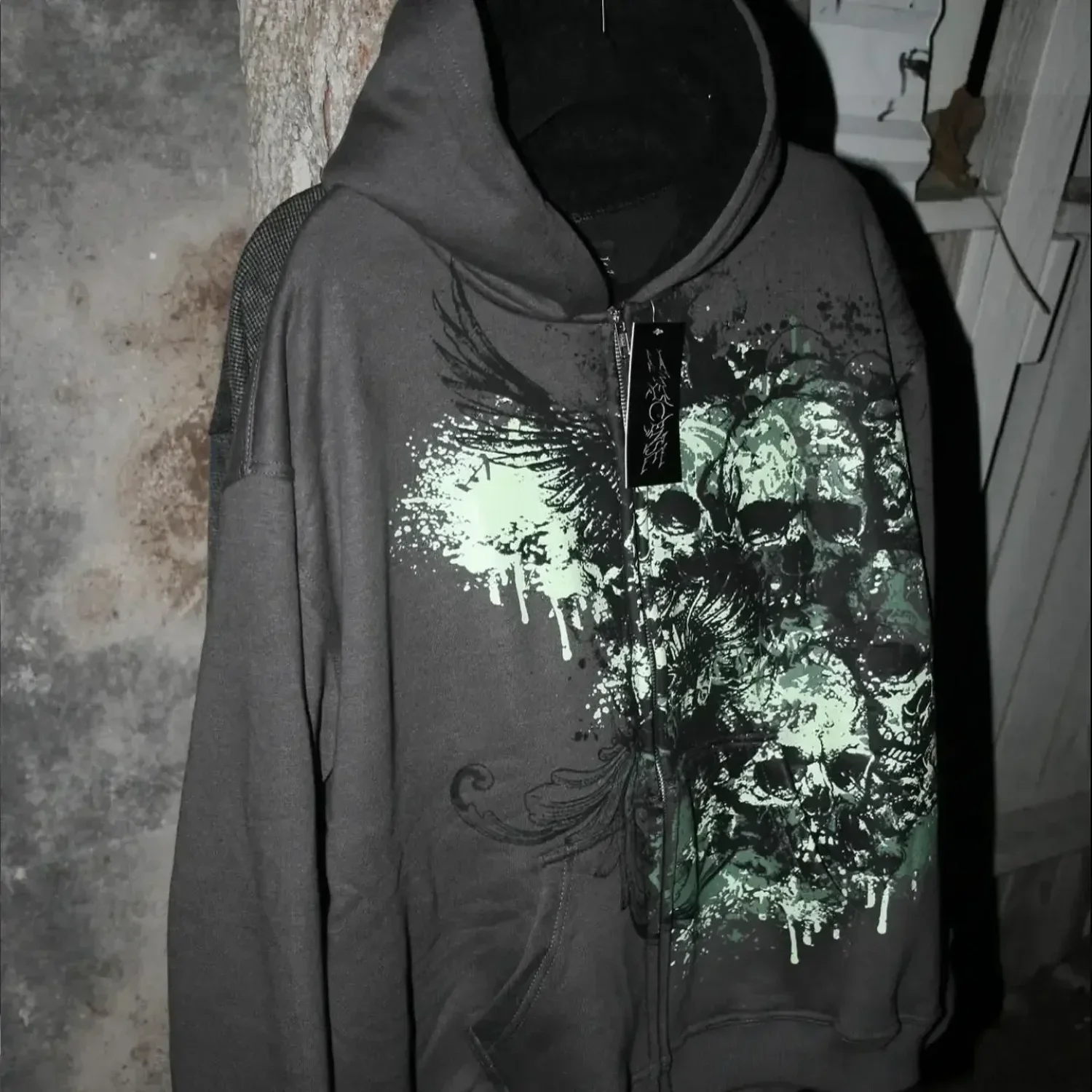 Skull Print Zipper Casual Hoodie - Image 7