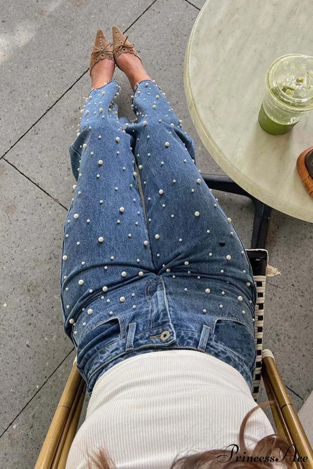 Slanted Waist Crisscross Beaded Frayed Straight Leg Jeans - Image 3